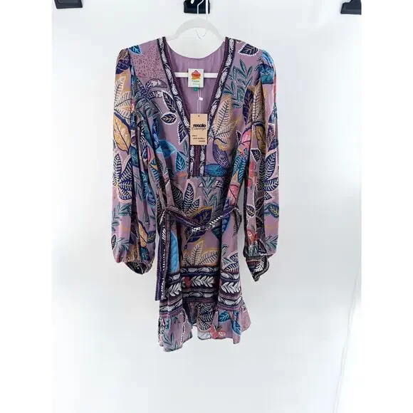 FARM Rio Wild Night Puff Sleeve V-Neck Belted Mini Dress Lavender Women's Large - Picture 2 of 4